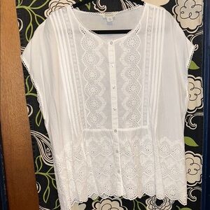 Sundance White ART Of EyeletLace Button-Front Short Sleeved Peplum Blouse SzXXL